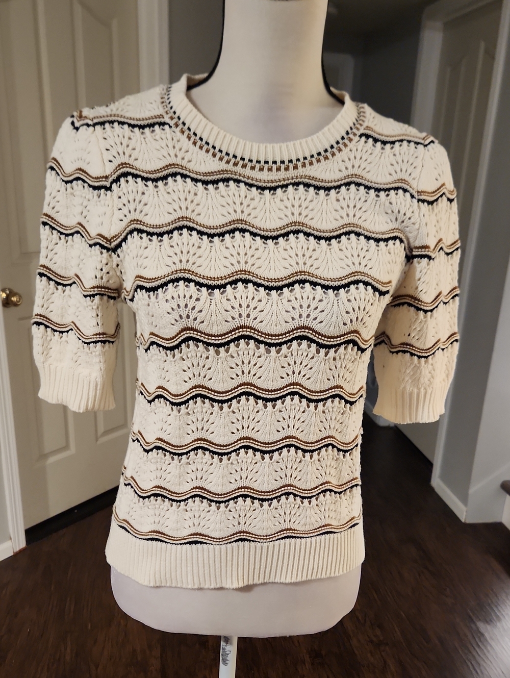 Marbled Crochet Knit Short Sleeve Sweatef Top